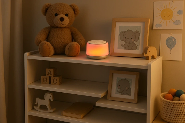 Zestaw 2 produktów: Lampka szumiąca z dźwiękami natury i muzyką 34 melodie Momini Lullumo + Niania elektroniczna Momini BlissView